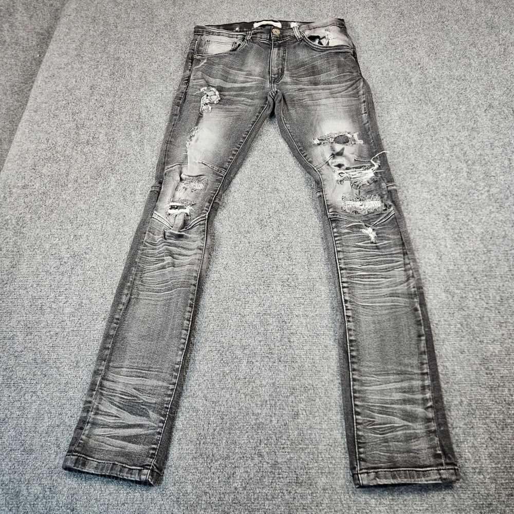 Evolution In Design Mens Distressed Moto Jeans Black Faded Ripped Slim Fit 30x32